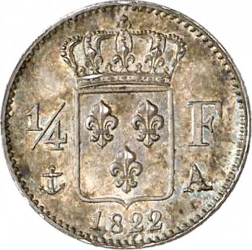 1/4 Franc Reverse Image minted in FRANCE in 1822A (1814-1824 - Louis XVIII)  - The Coin Database