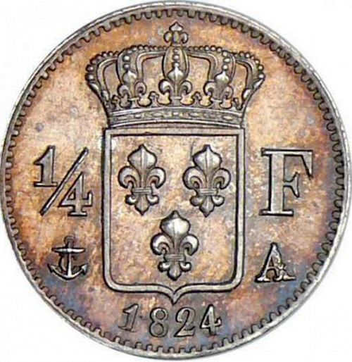 1/4 Franc Reverse Image minted in FRANCE in 1824A (1814-1824 - Louis XVIII)  - The Coin Database