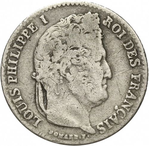 1/4 Franc Obverse Image minted in FRANCE in 1837W (1830-1848 - Louis Philippe I)  - The Coin Database