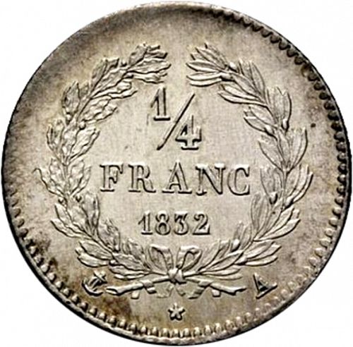 1/4 Franc Reverse Image minted in FRANCE in 1832A (1830-1848 - Louis Philippe I)  - The Coin Database