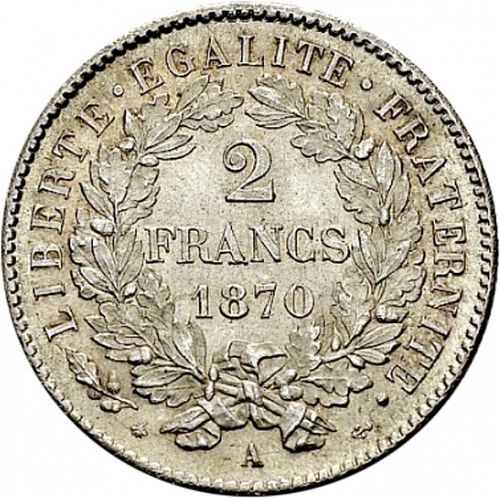2 Francs Reverse Image minted in FRANCE in 1870A (1871-1940 - Third Republic)  - The Coin Database