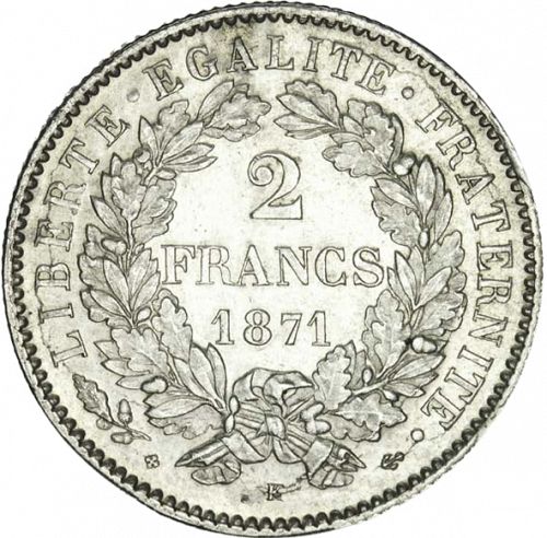 2 Francs Reverse Image minted in FRANCE in 1871K (1871-1940 - Third Republic)  - The Coin Database