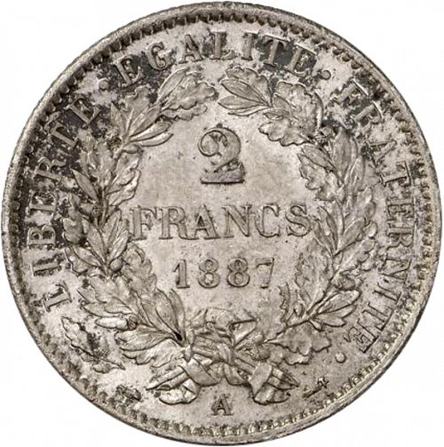 2 Francs Reverse Image minted in FRANCE in 1887A (1871-1940 - Third Republic)  - The Coin Database