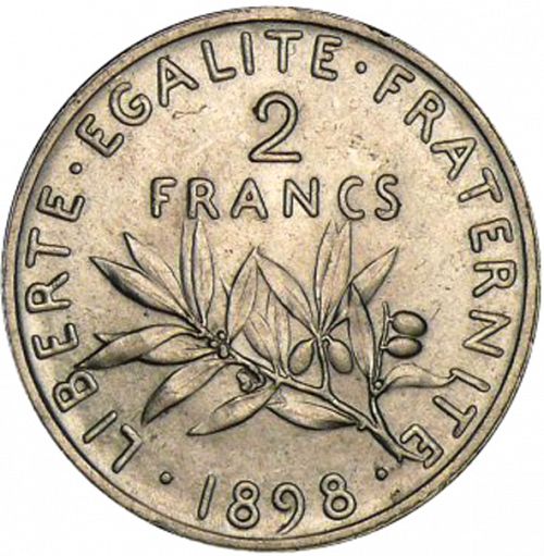 2 Francs Reverse Image minted in FRANCE in 1898 (1871-1940 - Third Republic)  - The Coin Database