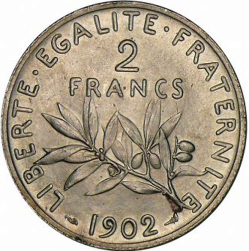 2 Francs Reverse Image minted in FRANCE in 1902 (1871-1940 - Third Republic)  - The Coin Database