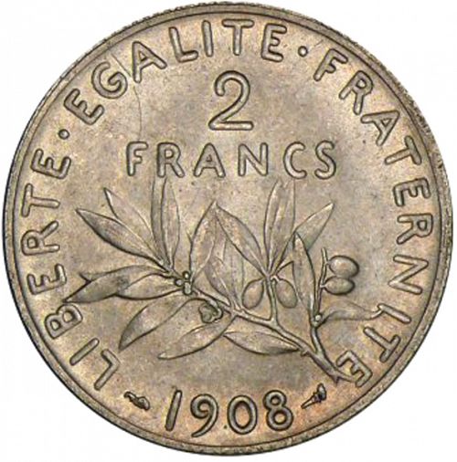 2 Francs Reverse Image minted in FRANCE in 1908 (1871-1940 - Third Republic)  - The Coin Database