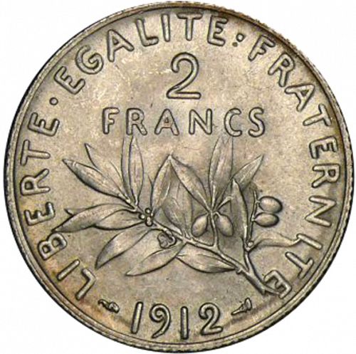2 Francs Reverse Image minted in FRANCE in 1912 (1871-1940 - Third Republic)  - The Coin Database