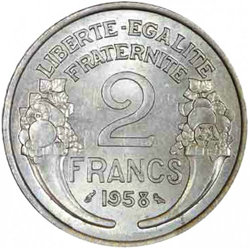 2 Francs Reverse Image minted in FRANCE in 1958 (1947-1958 - Fourth Republic)  - The Coin Database