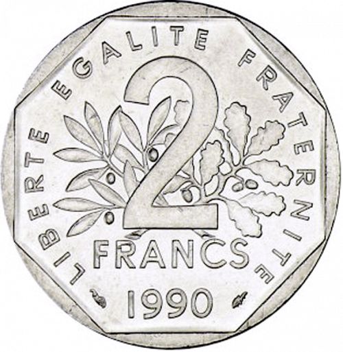 2 Francs Reverse Image minted in FRANCE in 1990 (1959-2001 - Fifth Republic)  - The Coin Database