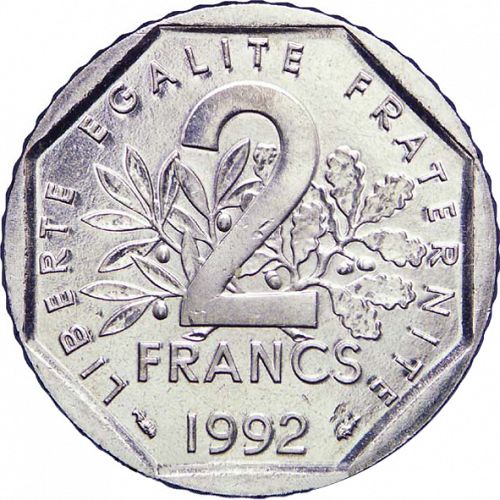 2 Francs Reverse Image minted in FRANCE in 1992 (1959-2001 - Fifth Republic)  - The Coin Database