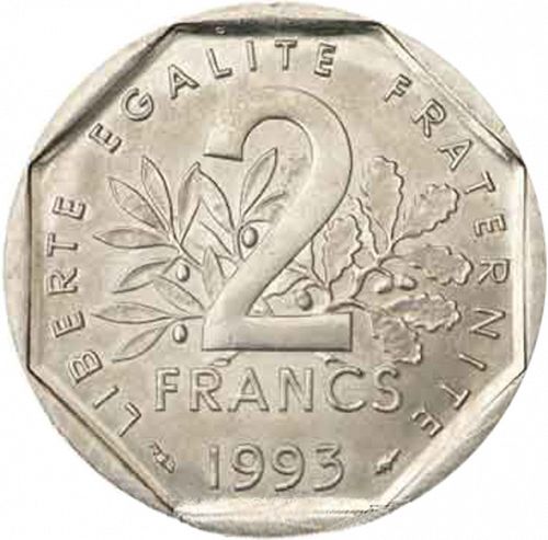 2 Francs Reverse Image minted in FRANCE in 1993 (1959-2001 - Fifth Republic)  - The Coin Database