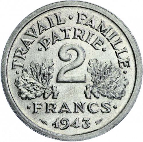 2 Francs Reverse Image minted in FRANCE in 1943 (1940-1944 - Vichy State)  - The Coin Database