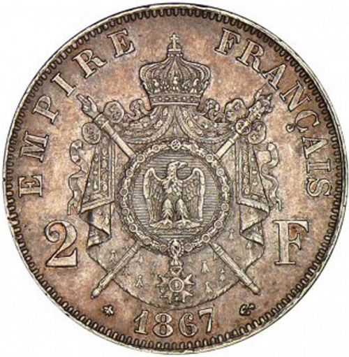 2 Francs Reverse Image minted in FRANCE in 1867A (1852-1870 - Napoléon III)  - The Coin Database