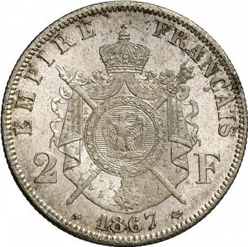 2 Francs Reverse Image minted in FRANCE in 1867BB (1852-1870 - Napoléon III)  - The Coin Database