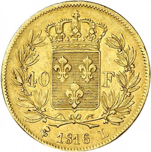 40 Francs Reverse Image minted in FRANCE in 1816L (1814-1824 - Louis XVIII)  - The Coin Database