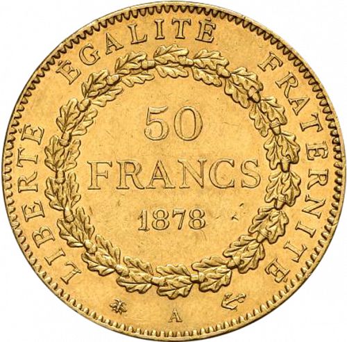 50 Francs Reverse Image minted in FRANCE in 1878A (1871-1940 - Third Republic)  - The Coin Database