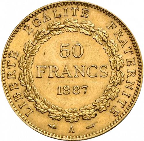 50 Francs Reverse Image minted in FRANCE in 1887A (1871-1940 - Third Republic)  - The Coin Database