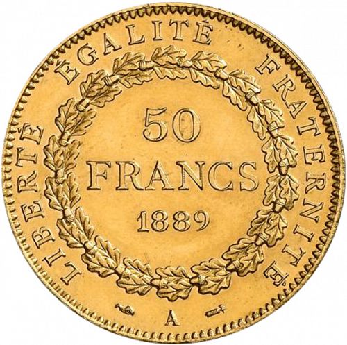 50 Francs Reverse Image minted in FRANCE in 1889A (1871-1940 - Third Republic)  - The Coin Database