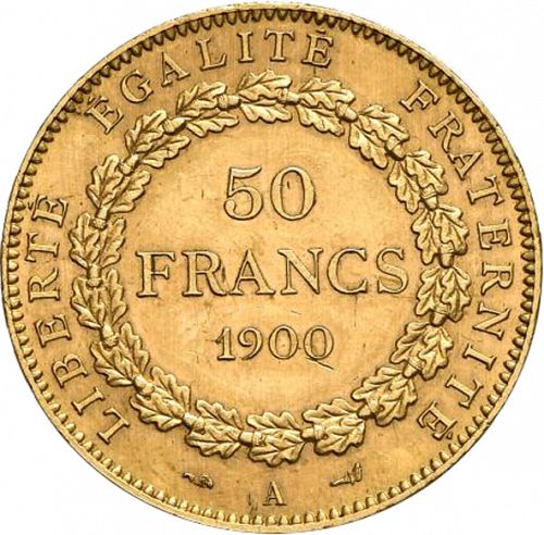 50 Francs Reverse Image minted in FRANCE in 1900A (1871-1940 - Third Republic)  - The Coin Database