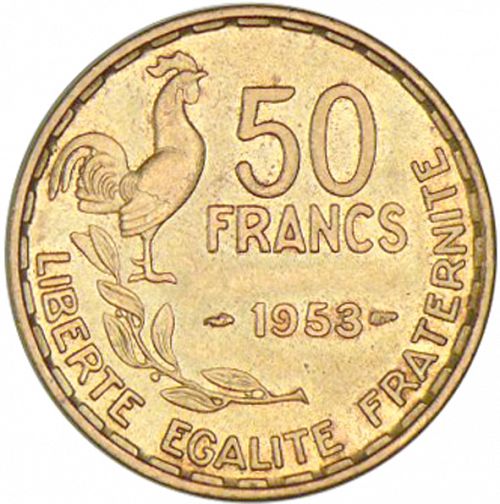 50 Francs Reverse Image minted in FRANCE in 1953 (1947-1958 - Fourth Republic)  - The Coin Database