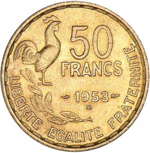 50 Francs Reverse Image minted in FRANCE in 1953B (1947-1958 - Fourth Republic)  - The Coin Database