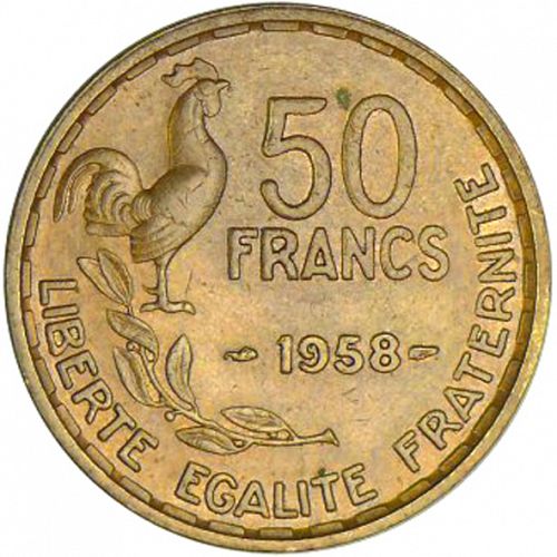 50 Francs Reverse Image minted in FRANCE in 1958 (1947-1958 - Fourth Republic)  - The Coin Database