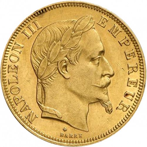 50 Francs Obverse Image minted in FRANCE in 1866BB (1852-1870 - Napoléon III)  - The Coin Database