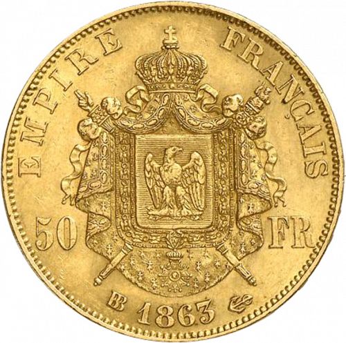 50 Francs Reverse Image minted in FRANCE in 1863BB (1852-1870 - Napoléon III)  - The Coin Database
