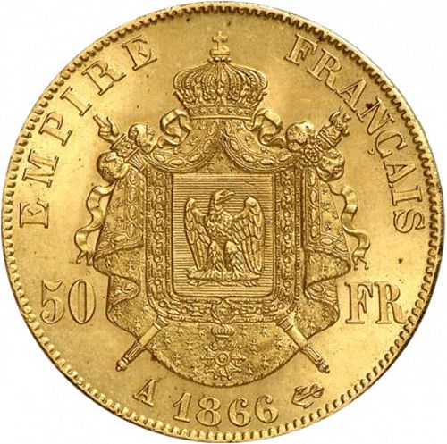 50 Francs Reverse Image minted in FRANCE in 1866A (1852-1870 - Napoléon III)  - The Coin Database