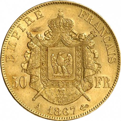 50 Francs Reverse Image minted in FRANCE in 1867A (1852-1870 - Napoléon III)  - The Coin Database