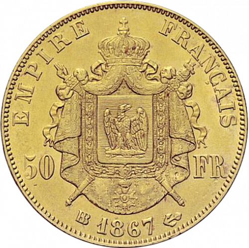 50 Francs Reverse Image minted in FRANCE in 1867BB (1852-1870 - Napoléon III)  - The Coin Database