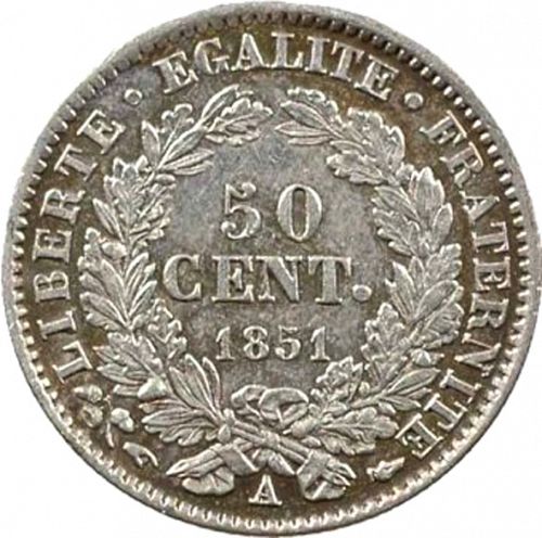 50 Centimes Reverse Image minted in FRANCE in 1851A (1848-1852 - Second Republic)  - The Coin Database