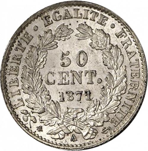 50 Centimes Reverse Image minted in FRANCE in 1871A (1871-1940 - Third Republic)  - The Coin Database