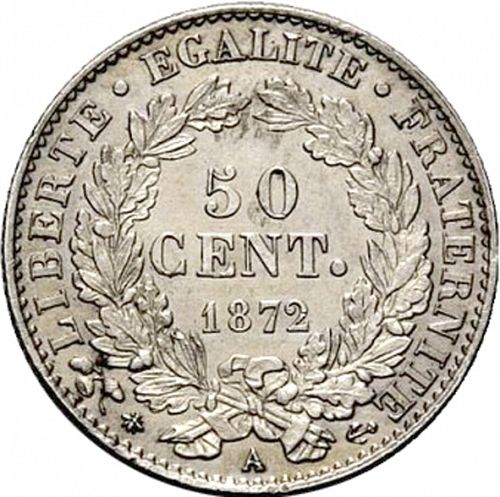 50 Centimes Reverse Image minted in FRANCE in 1872A (1871-1940 - Third Republic)  - The Coin Database