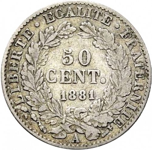 50 Centimes Reverse Image minted in FRANCE in 1881A (1871-1940 - Third Republic)  - The Coin Database