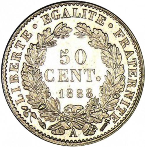 50 Centimes Reverse Image minted in FRANCE in 1888A (1871-1940 - Third Republic)  - The Coin Database