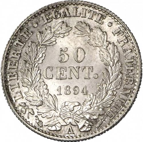 50 Centimes Reverse Image minted in FRANCE in 1894A (1871-1940 - Third Republic)  - The Coin Database