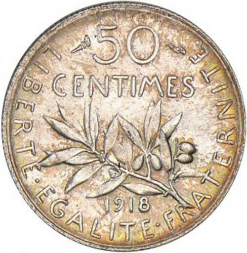 50 Centimes Reverse Image minted in FRANCE in 1918 (1871-1940 - Third Republic)  - The Coin Database
