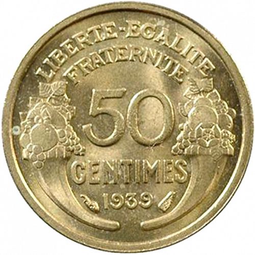 50 Centimes Reverse Image minted in FRANCE in 1939 (1871-1940 - Third Republic)  - The Coin Database
