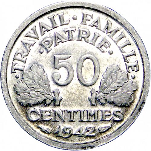 50 Centimes Reverse Image minted in FRANCE in 1942 (1940-1944 - Vichy State)  - The Coin Database