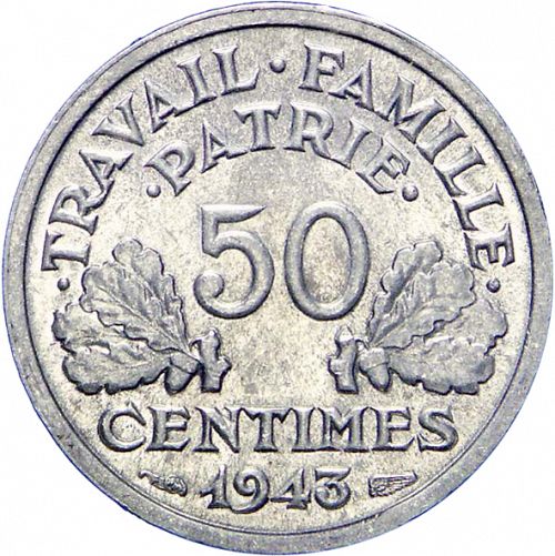 50 Centimes Reverse Image minted in FRANCE in 1943B (1940-1944 - Vichy State)  - The Coin Database
