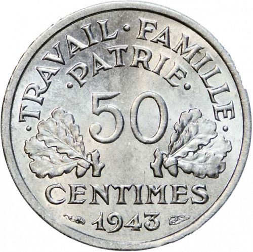 50 Centimes Reverse Image minted in FRANCE in 1943 (1940-1944 - Vichy State)  - The Coin Database