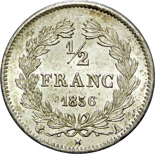 half Franc Reverse Image minted in FRANCE in 1836A (1830-1848 - Louis Philippe I)  - The Coin Database