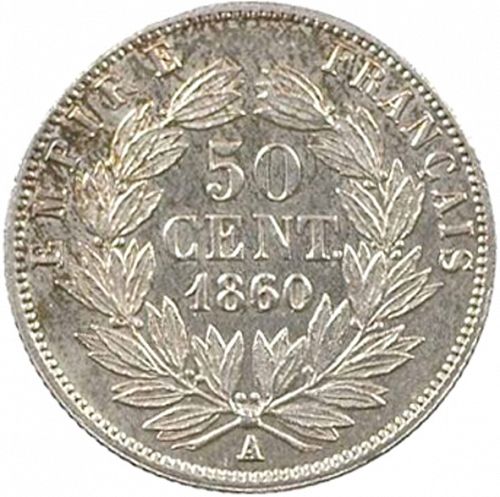 50 Centimes Reverse Image minted in FRANCE in 1860A (1852-1870 - Napoléon III)  - The Coin Database