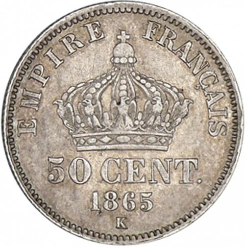 50 Centimes Reverse Image minted in FRANCE in 1865K (1852-1870 - Napoléon III)  - The Coin Database