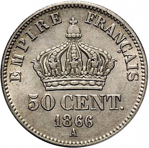 50 Centimes Reverse Image minted in FRANCE in 1866A (1852-1870 - Napoléon III)  - The Coin Database