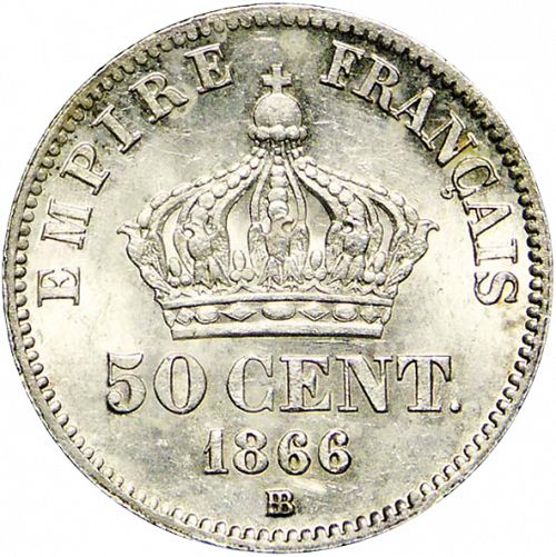 50 Centimes Reverse Image minted in FRANCE in 1866BB (1852-1870 - Napoléon III)  - The Coin Database
