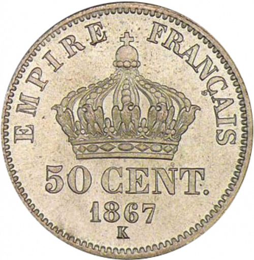 50 Centimes Reverse Image minted in FRANCE in 1867K (1852-1870 - Napoléon III)  - The Coin Database