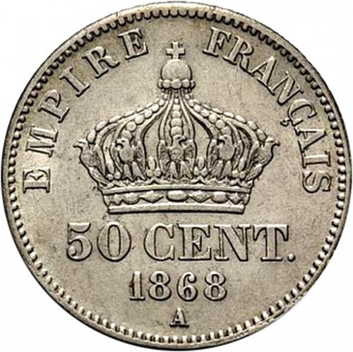 50 Centimes Reverse Image minted in FRANCE in 1868A (1852-1870 - Napoléon III)  - The Coin Database