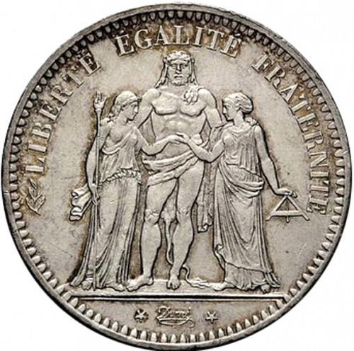 5 Francs Obverse Image minted in FRANCE in 1849A (1848-1852 - Second Republic)  - The Coin Database